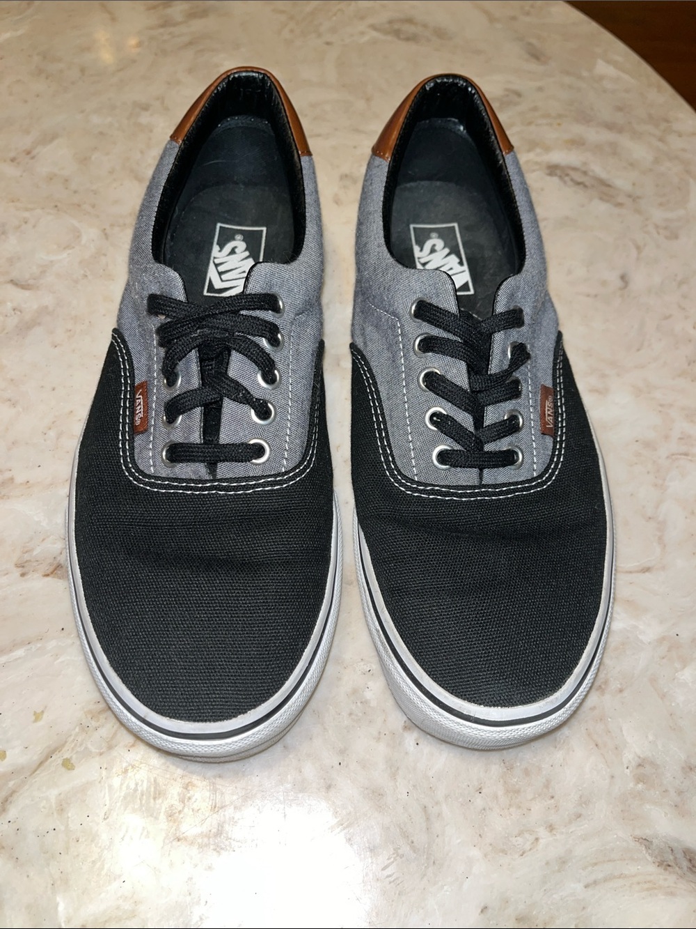 Vans Black and Gray Canvas Low-Top Sneakers with Brown Heel Accent